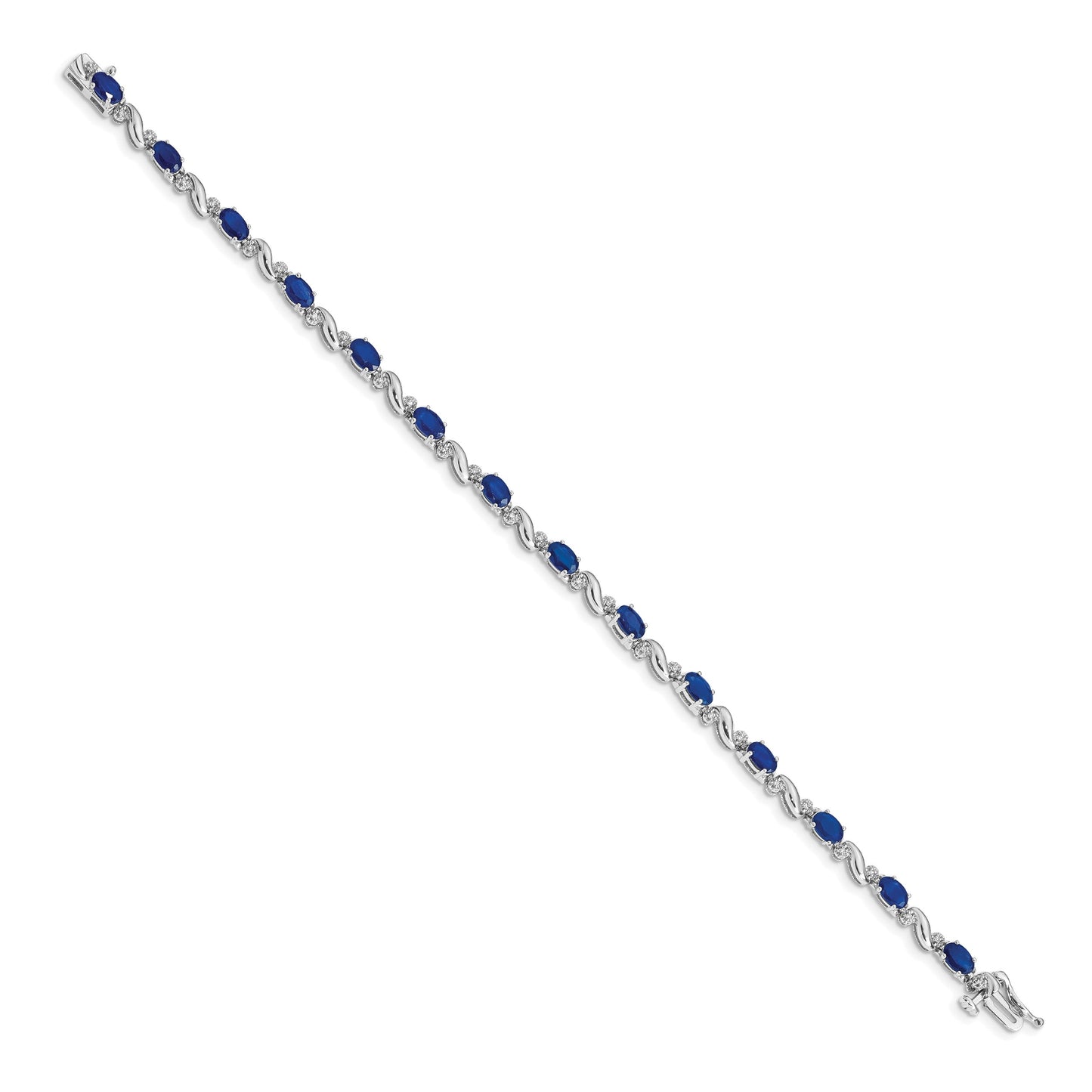 14k White Gold Complete Diamond and Oval Sapphire Curved Link 7 inch Bracelet