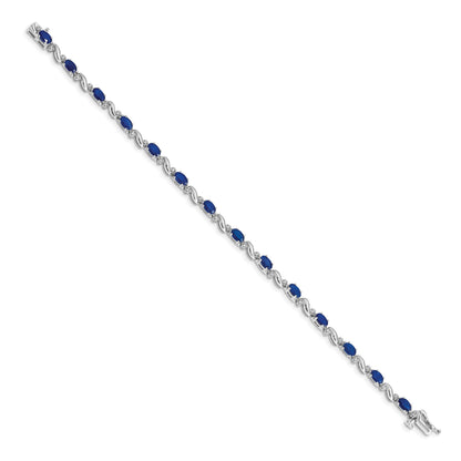 14k White Gold Complete Diamond and Oval Sapphire Curved Link 7 inch Bracelet