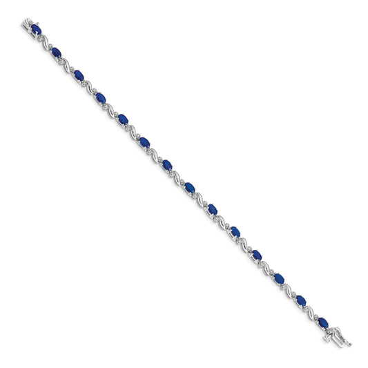 14k White Gold Complete Diamond and Oval Sapphire Curved Link 7 inch Bracelet