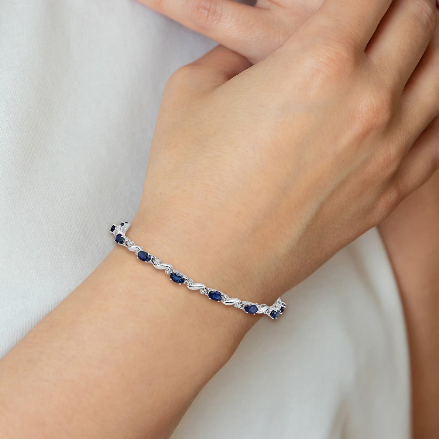 14k White Gold Complete Diamond and Oval Sapphire Curved Link 7 inch Bracelet