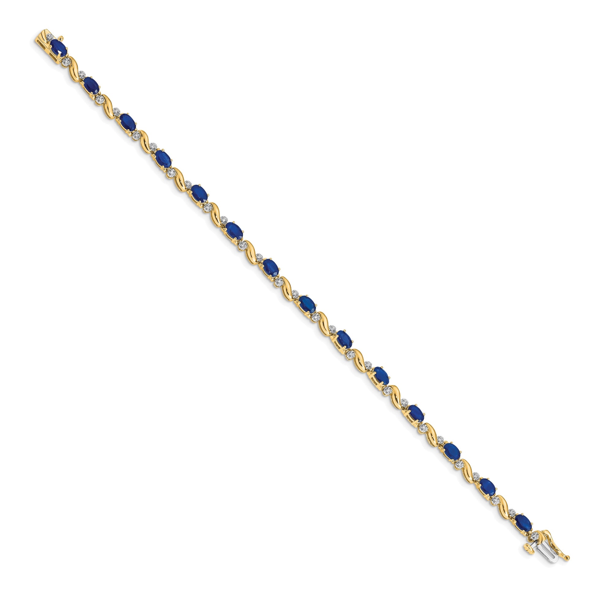 14k Complete Diamond and Oval Sapphire Curved Link 7 inch Bracelet
