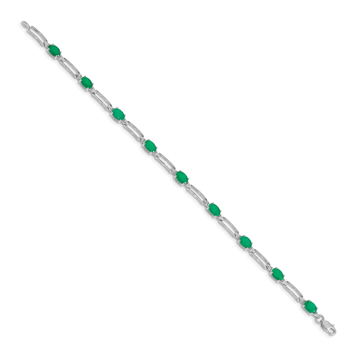 14k White Gold Complete Diamond and Oval Emerald Paperclip Link 7.25 inch Bracelet