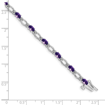 14k White Gold Complete Diamond and Oval Amethyst Heart Accent 7 inch Bracelet
