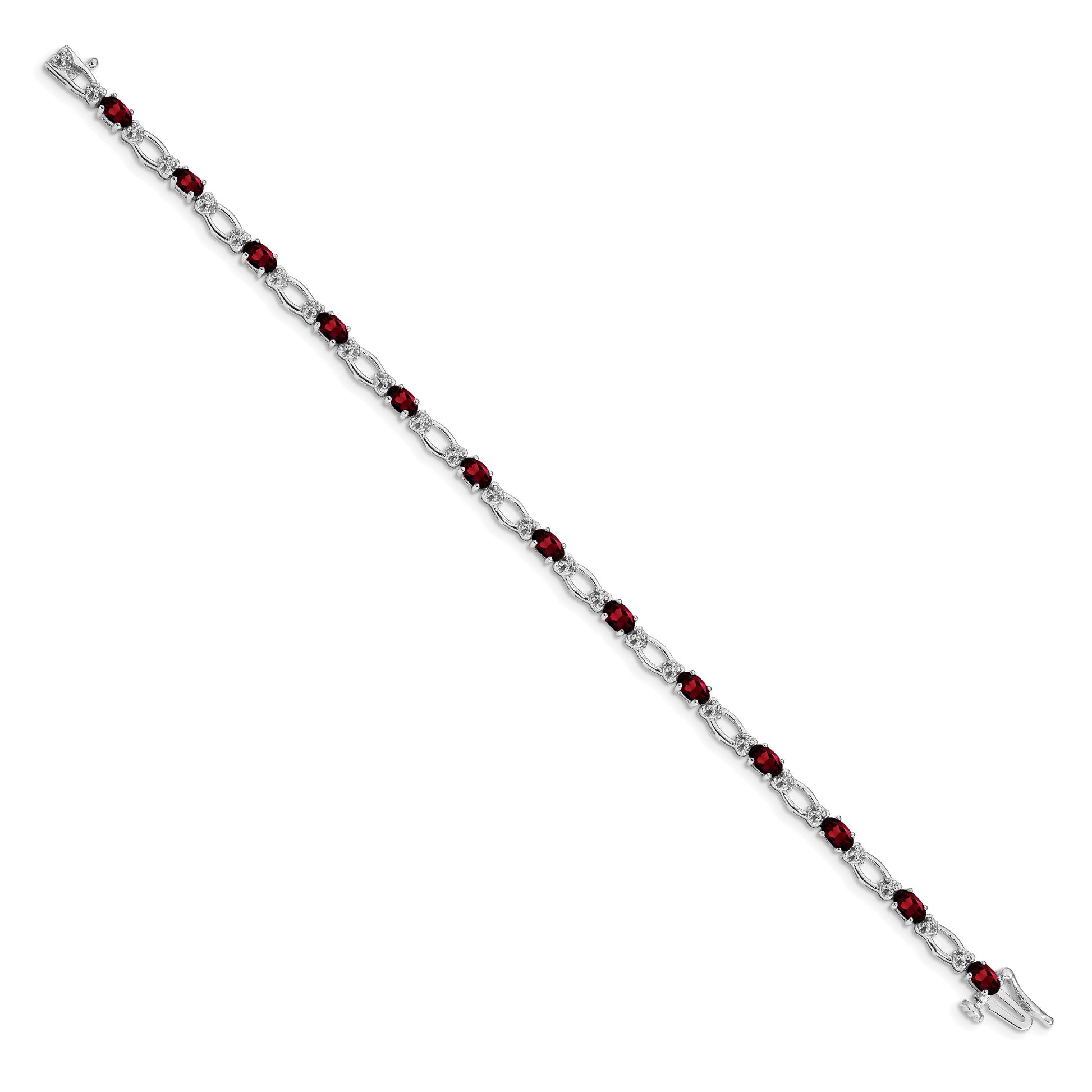 14k White Gold Complete Diamond and Oval Garnet Heart Accent 7 inch Bracelet