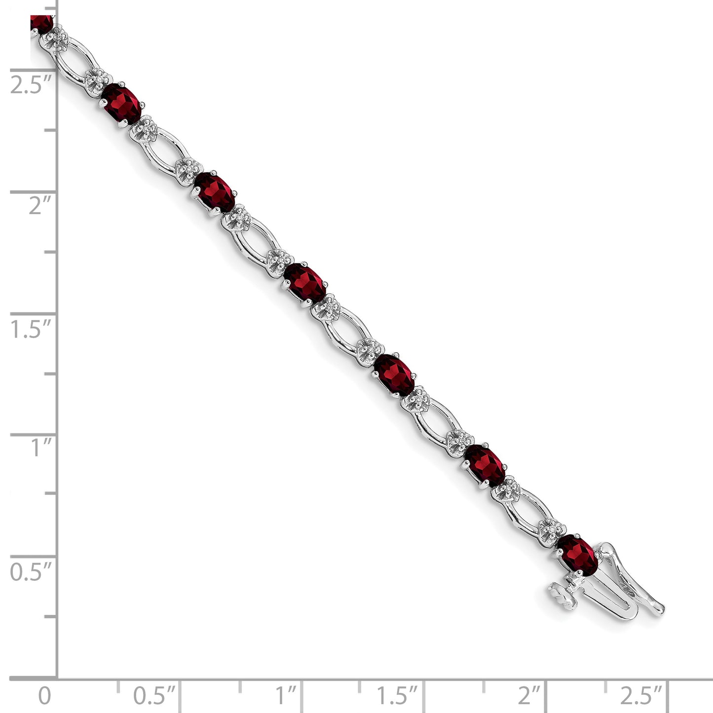 14k White Gold Complete Diamond and Oval Garnet Heart Accent 7 inch Bracelet