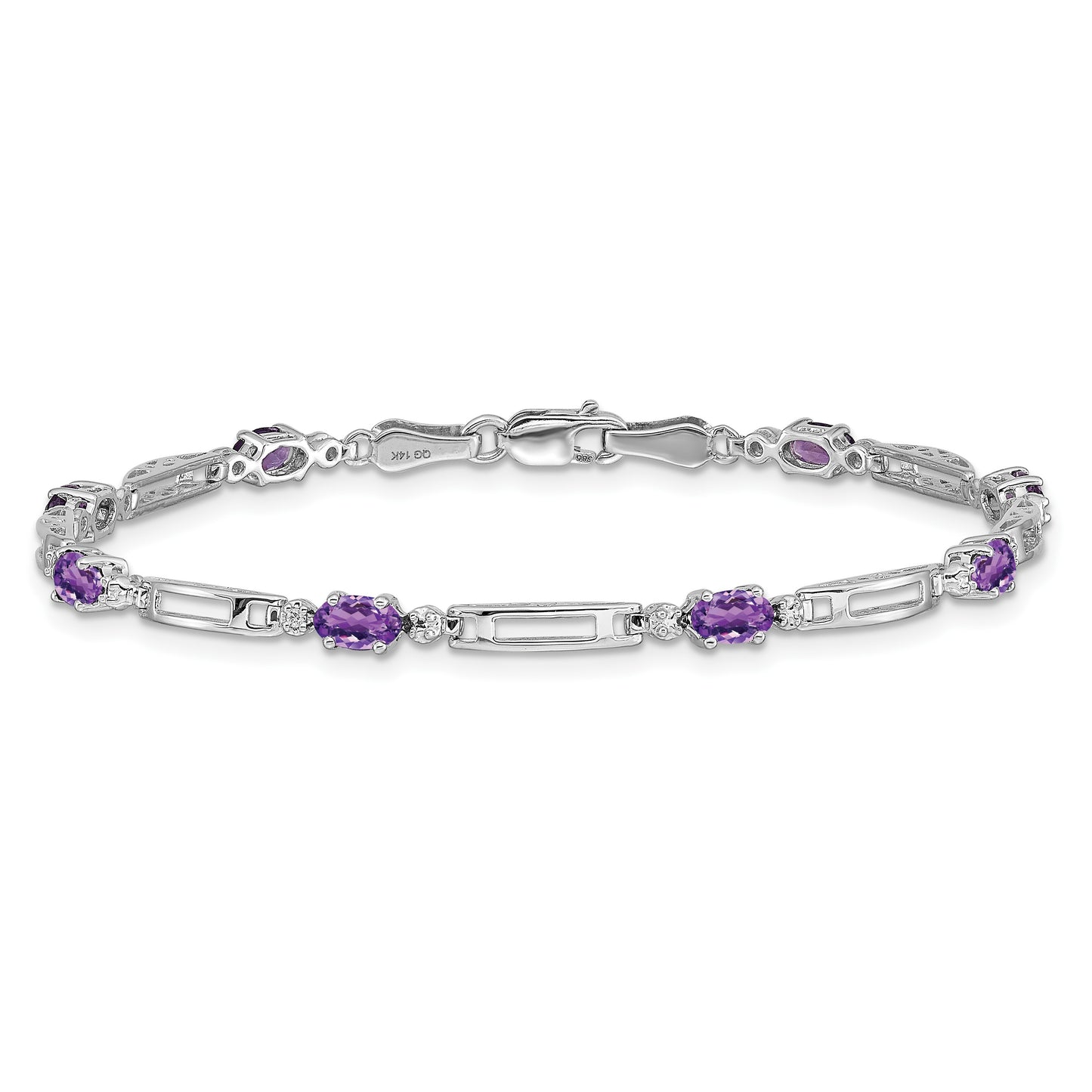 14k White Gold Complete Diamond and Oval Amethyst Fancy Link 7 inch Bracelet