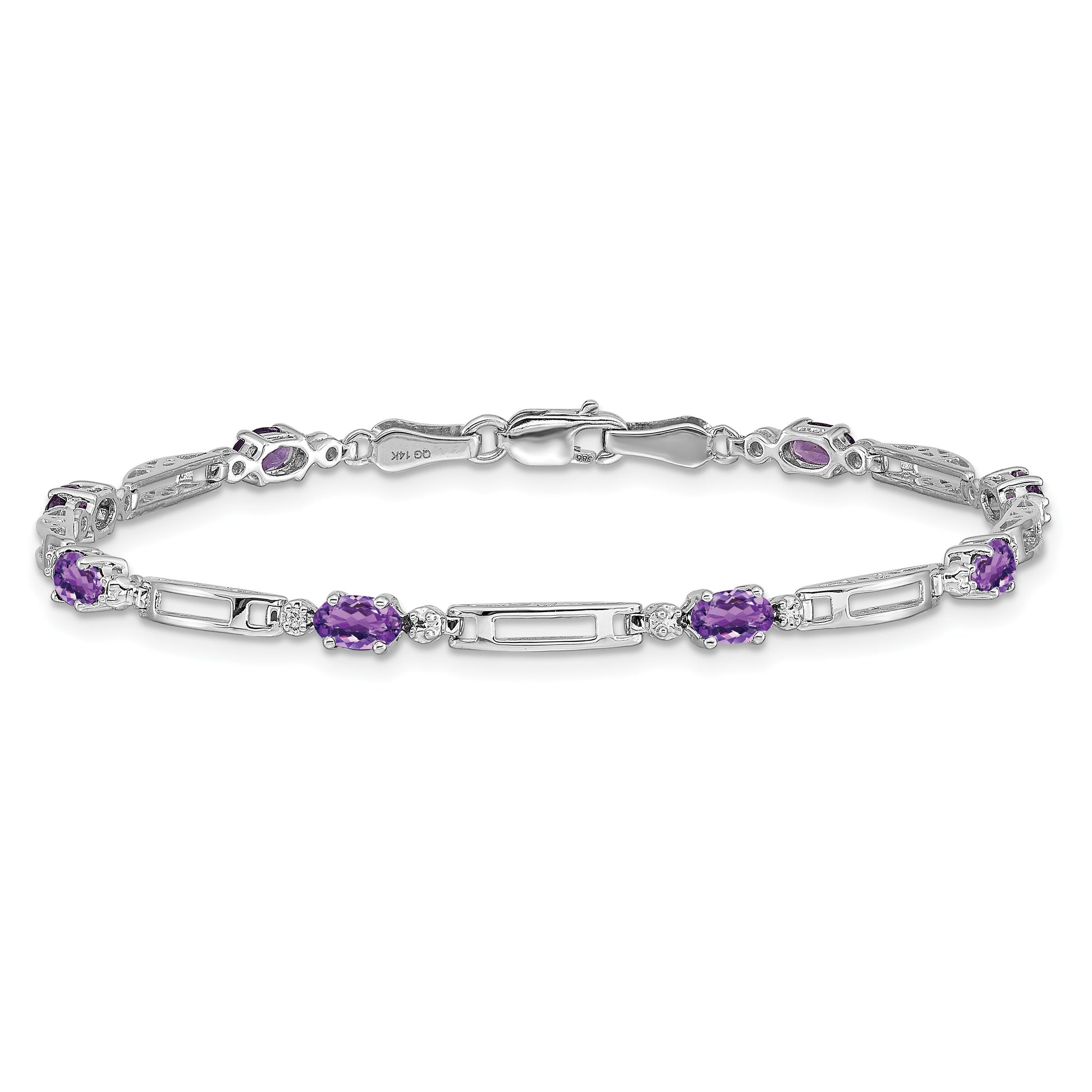 14k White Gold Complete Diamond and Oval Amethyst Fancy Link 7 inch Bracelet