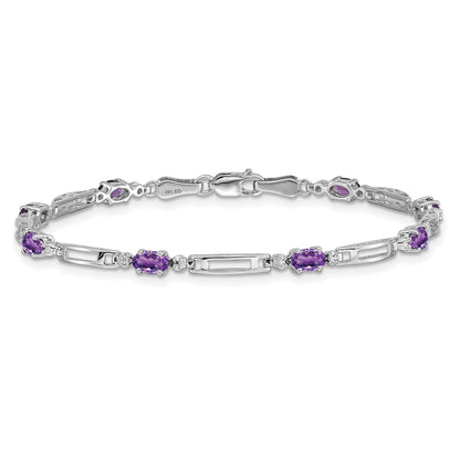 14k White Gold Complete Diamond and Oval Amethyst Fancy Link 7 inch Bracelet