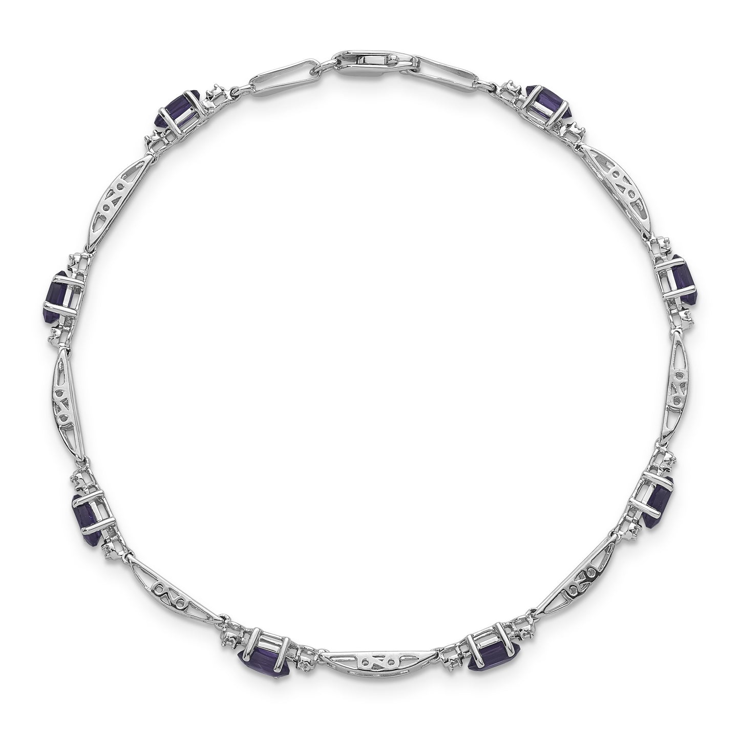 14k White Gold Complete Diamond and Oval Amethyst Fancy Link 7 inch Bracelet