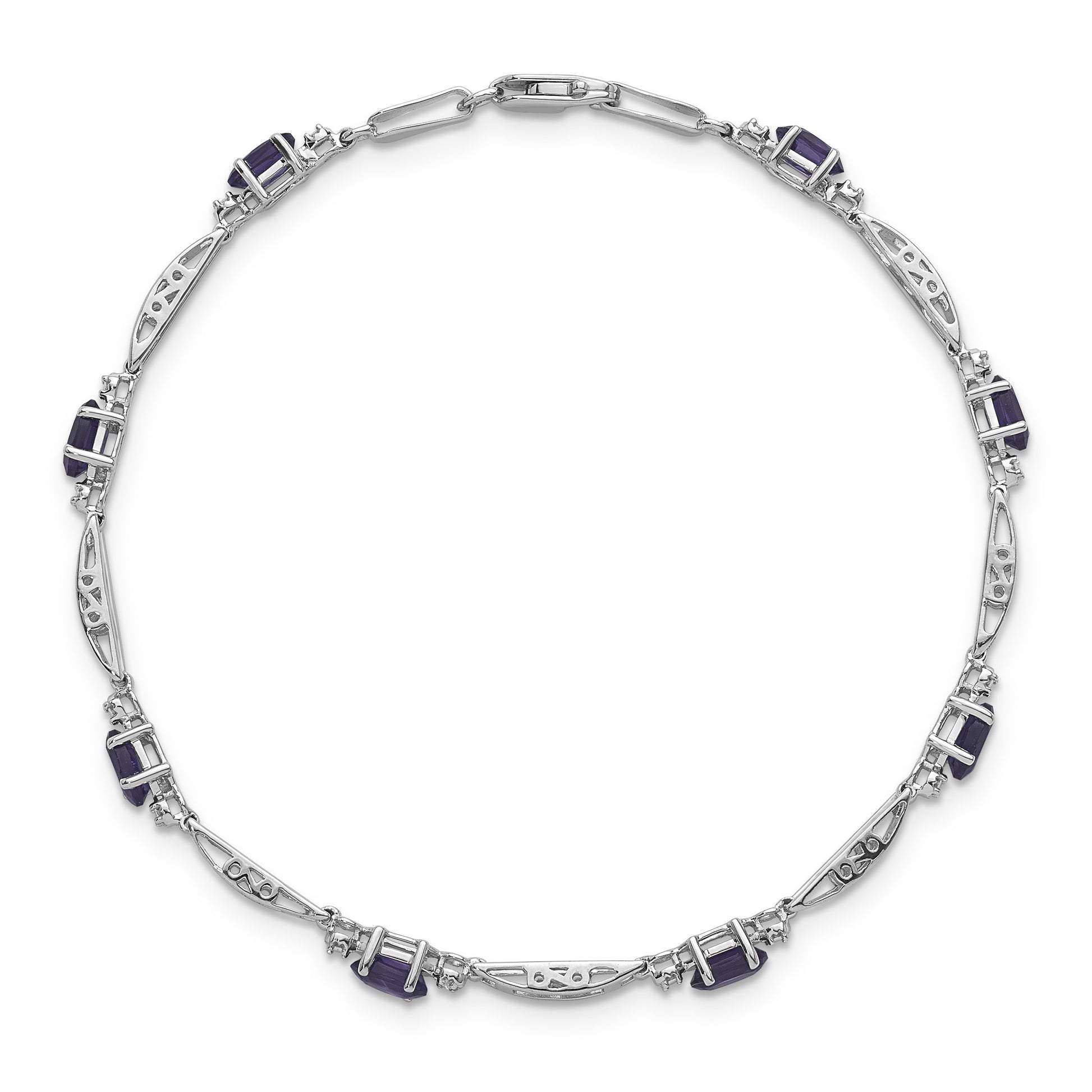 14k White Gold Complete Diamond and Oval Amethyst Fancy Link 7 inch Bracelet
