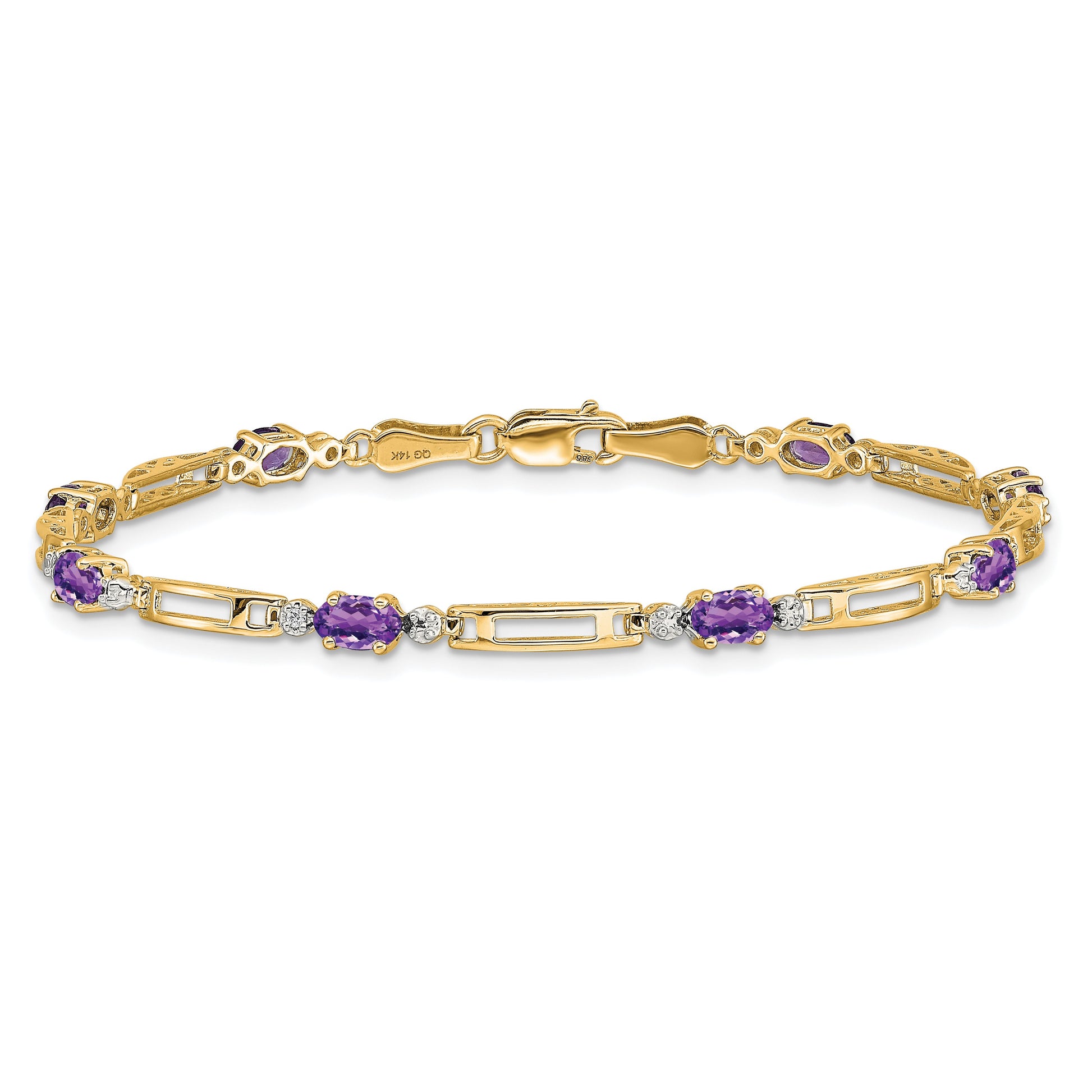 14k Complete Diamond and Oval Amethyst Fancy Link 7 inch Bracelet