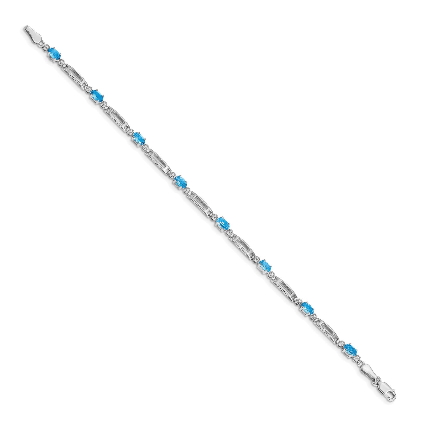 14k White Gold Complete Diamond and Oval Swiss Blue Topaz Fancy Link 7 inch Bracelet