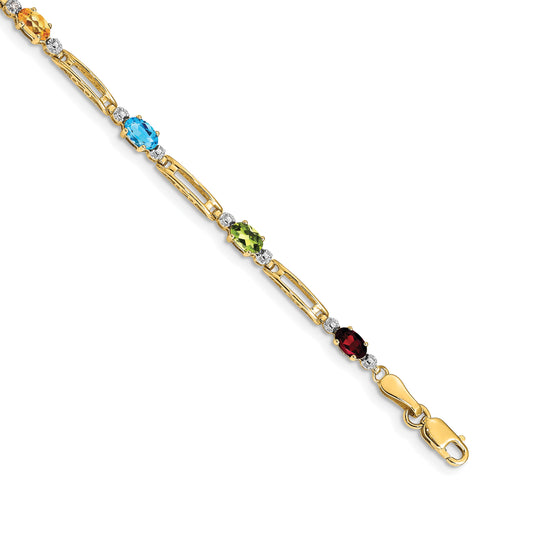 14k Complete Diamond and Oval Garnet/Swiss Blue Topaz/Peridot/Amethyst/Citrine 7 inch Rainbow Bracelet