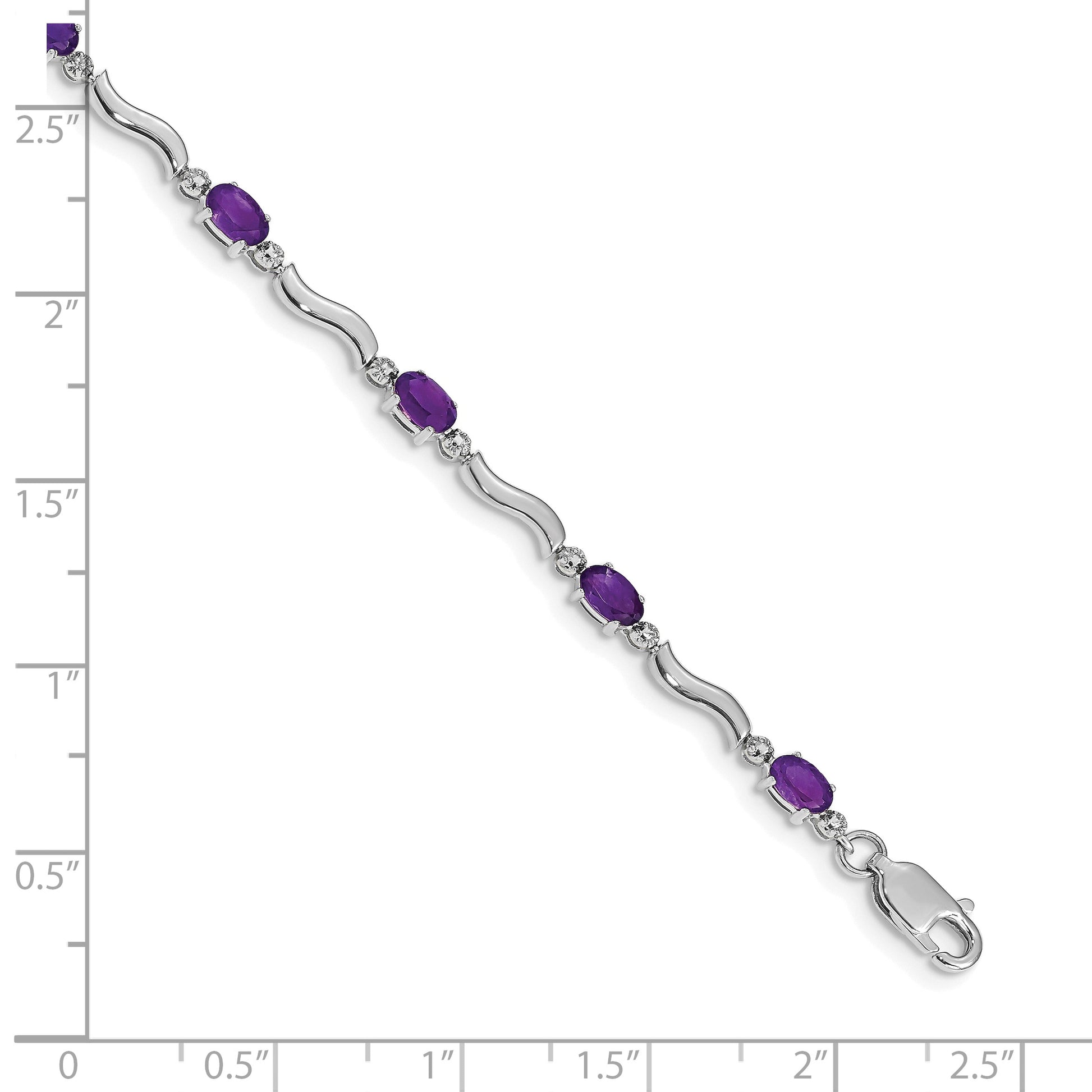 14k White Gold Complete Diamond and Oval Amethyst Wavy Link 7 inch Bracelet