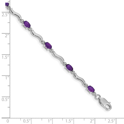 14k White Gold Complete Diamond and Oval Amethyst Wavy Link 7 inch Bracelet