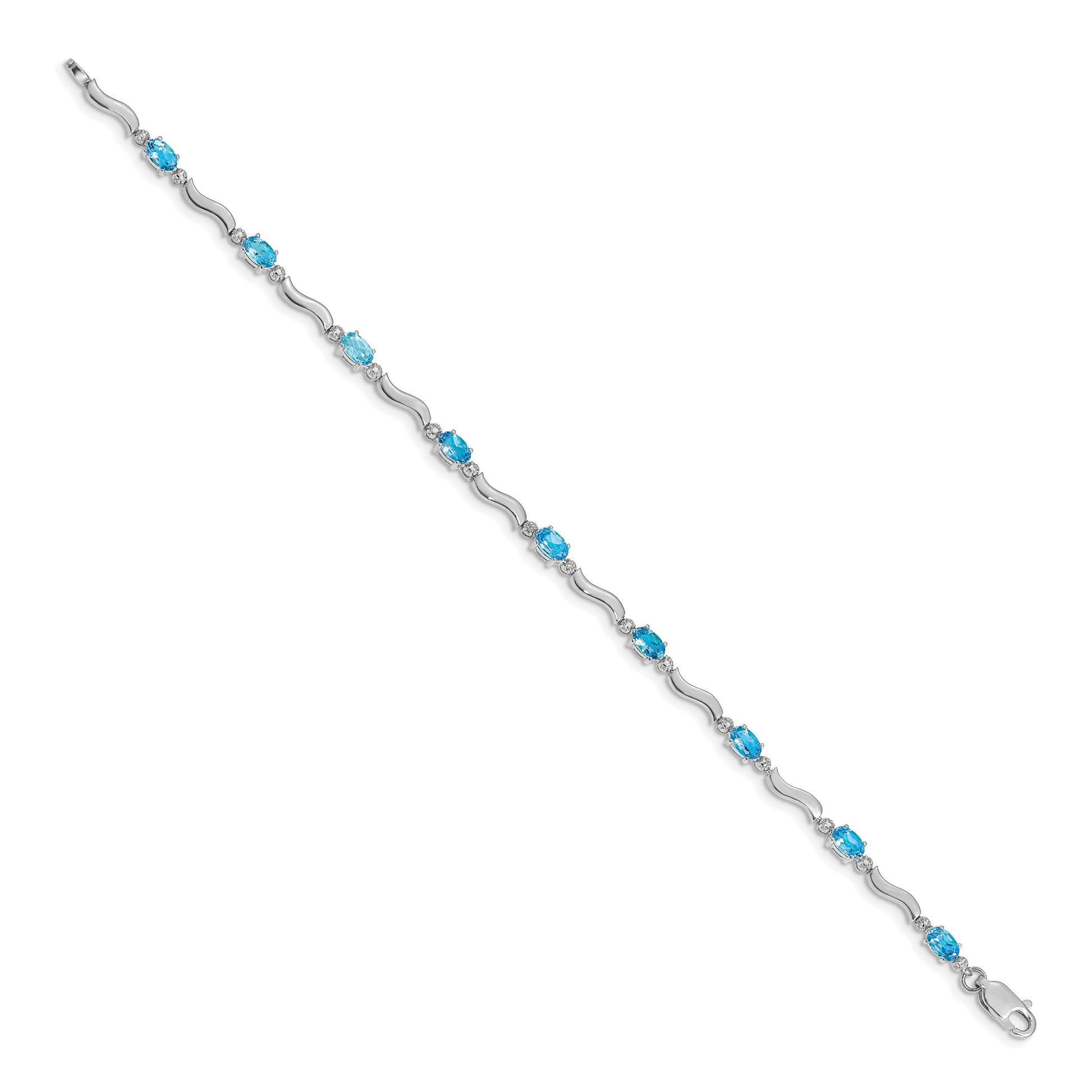 14k White Gold Complete Diamond and Oval Swiss Blue Topaz Wavy Link 7 inch Bracelet
