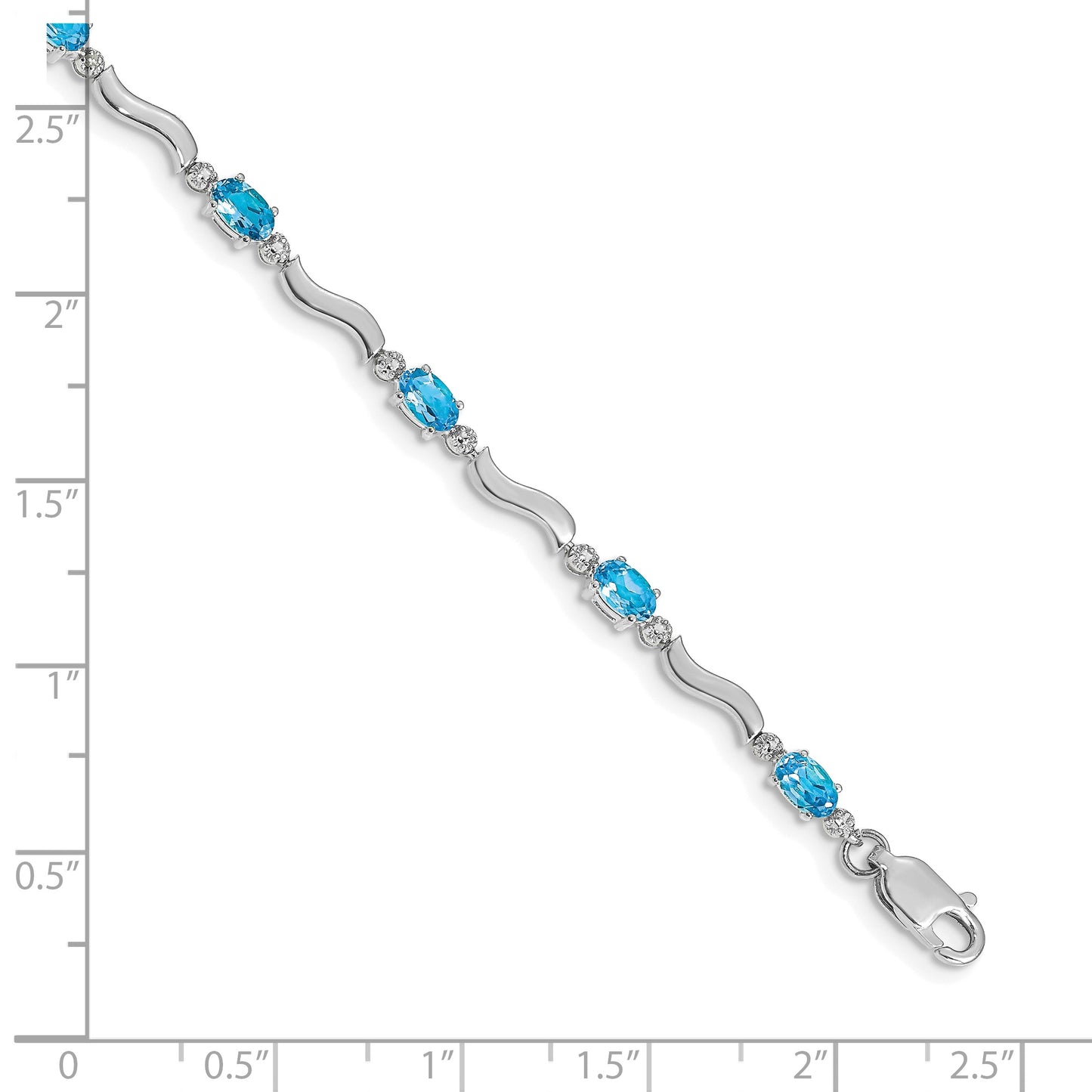 14k White Gold Complete Diamond and Oval Swiss Blue Topaz Wavy Link 7 inch Bracelet