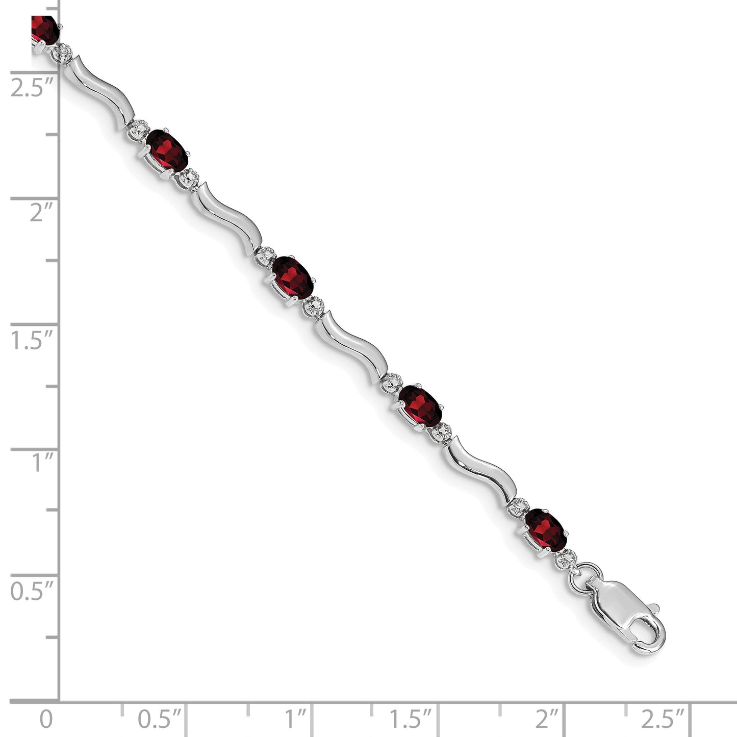 14k White Gold Complete Diamond and Oval Garnet Wavy Link 7 inch Bracelet