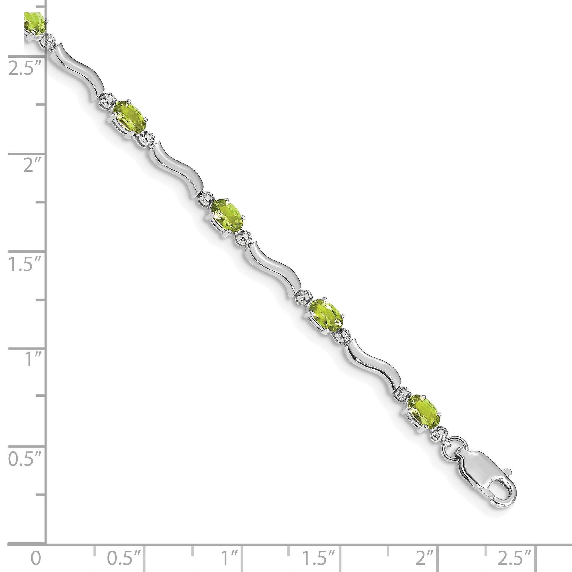 14k White Gold Complete Diamond and Oval Peridot Wavy Link 7 inch Bracelet