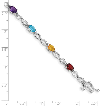 14k White Gold Complete Diamond and Oval Garnet/Swiss Blue Topaz/Citrine/Amethyst/Peridot Infinity 7 inch Rainbow Bracelet