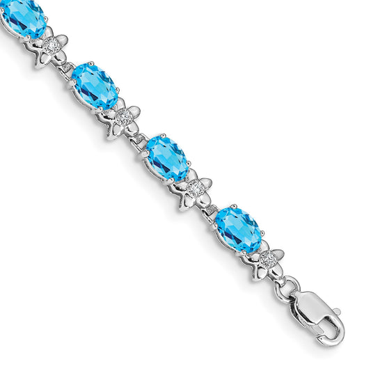 14k White Gold Complete Diamond and Oval Swiss Blue Topaz Floral 7 inch Bracelet