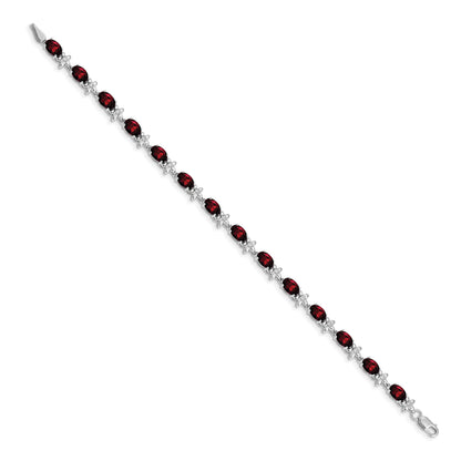 14k White Gold Complete Diamond and Oval Garnet Floral 7 inch Bracelet