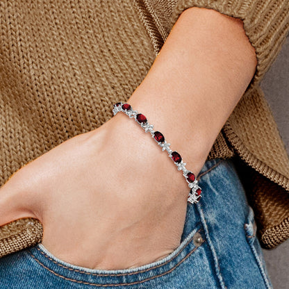 14k White Gold Complete Diamond and Oval Garnet Floral 7 inch Bracelet