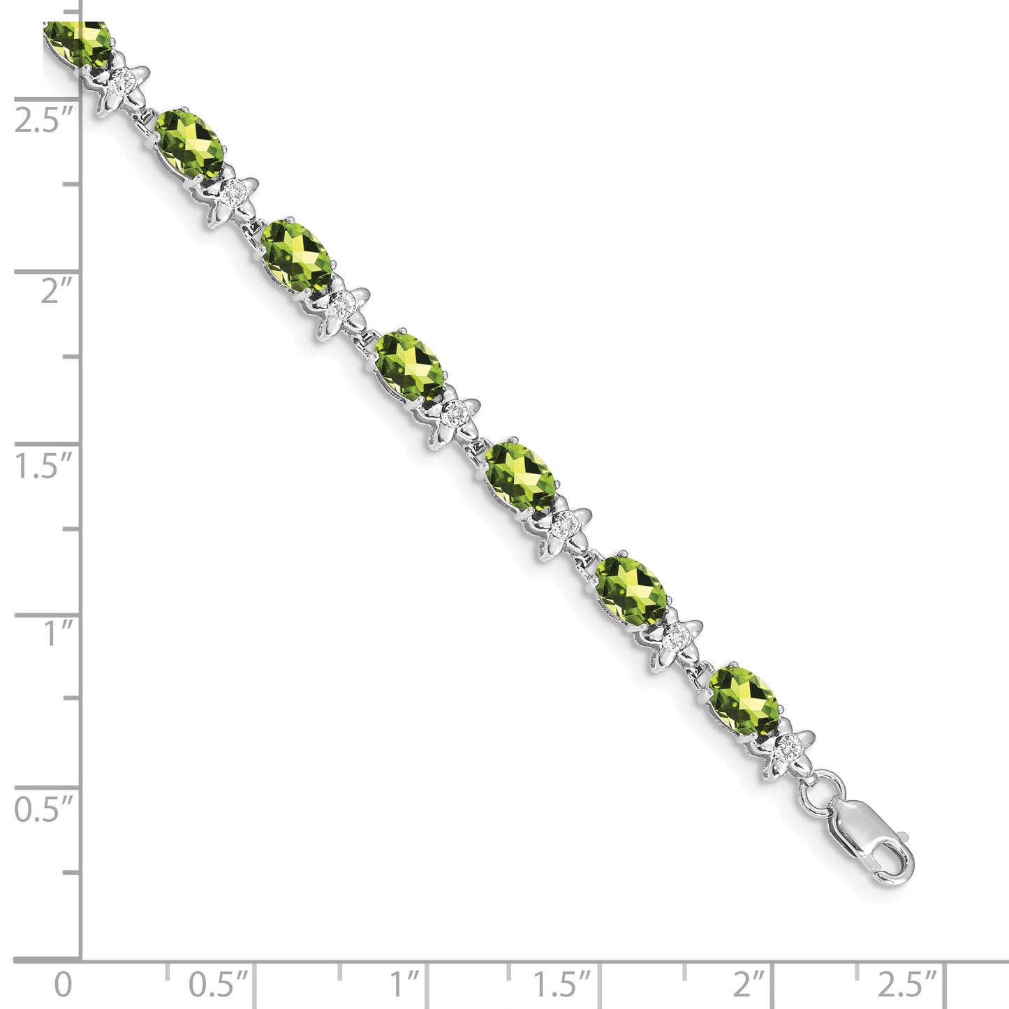 14k White Gold Complete Diamond and Oval Peridot Floral 7 inch Bracelet