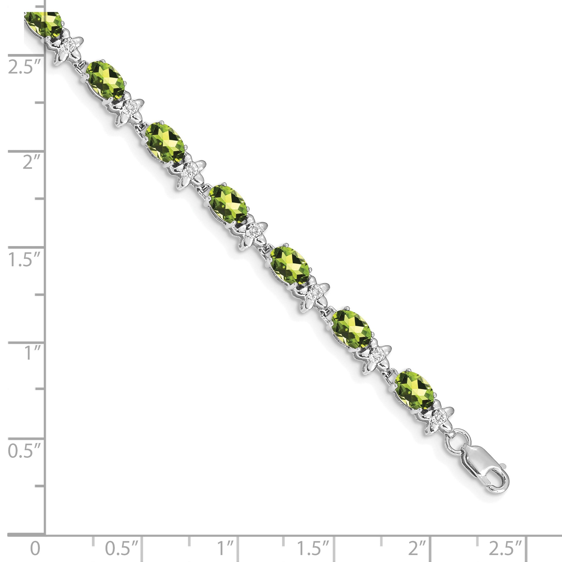 14k White Gold Complete Diamond and Oval Peridot Floral 7 inch Bracelet