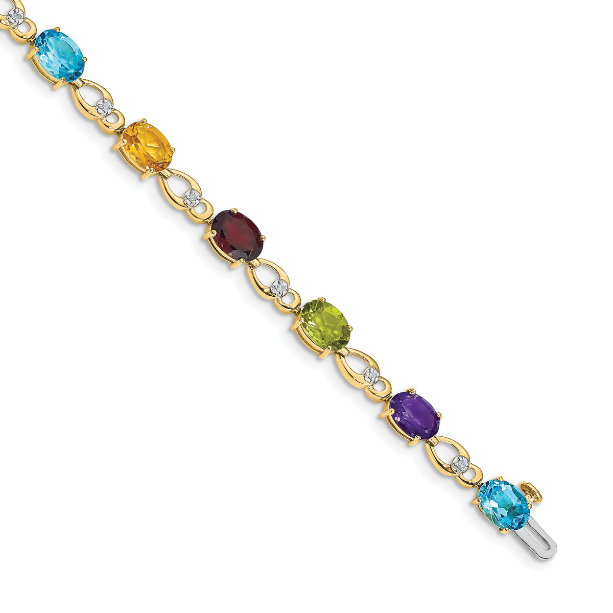 14k Complete Diamond and Amethyst/Swiss Blue Topaz/Citrine/Garnet/Peridot Fancy Link 7 inch Rainbow Bracelet