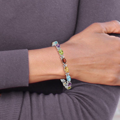 14k White Gold Complete Alternating Oval Amethyst/Peridot/Garnet/Citrine/Swiss Blue Topaz 7 inch Rainbow Bracelet
