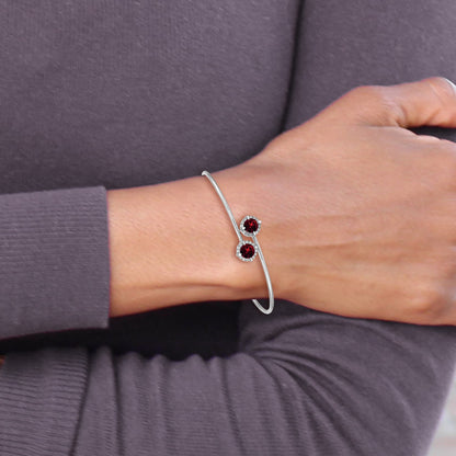 14k White Gold Complete Round Garnet and 1/8 carat Diamond Halo Flexible Bangle Bracelet