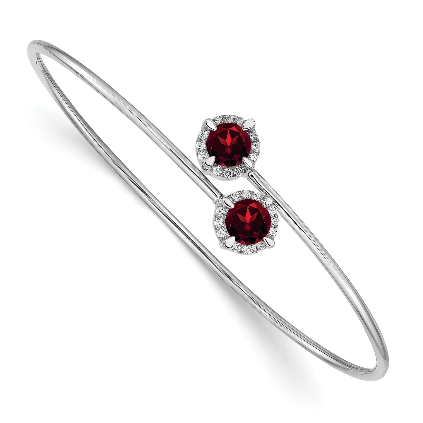 14k White Gold Complete Round Garnet and 1/8 carat Diamond Halo Flexible Bangle Bracelet