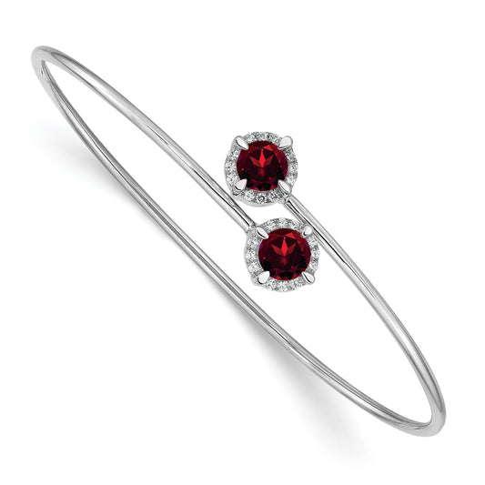 14k White Gold Complete Round Garnet and 1/8 carat Diamond Halo Flexible Bangle Bracelet