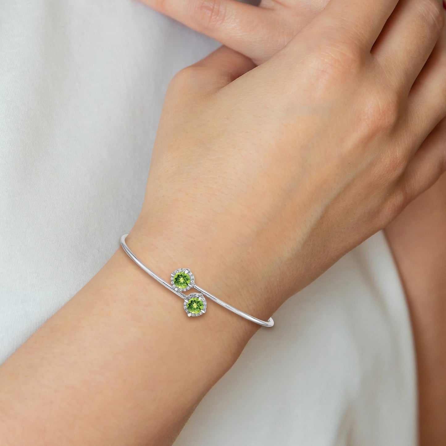 14k White Gold Complete Round Peridot and 1/8 carat Diamond Halo Flexible Bangle Bracelet
