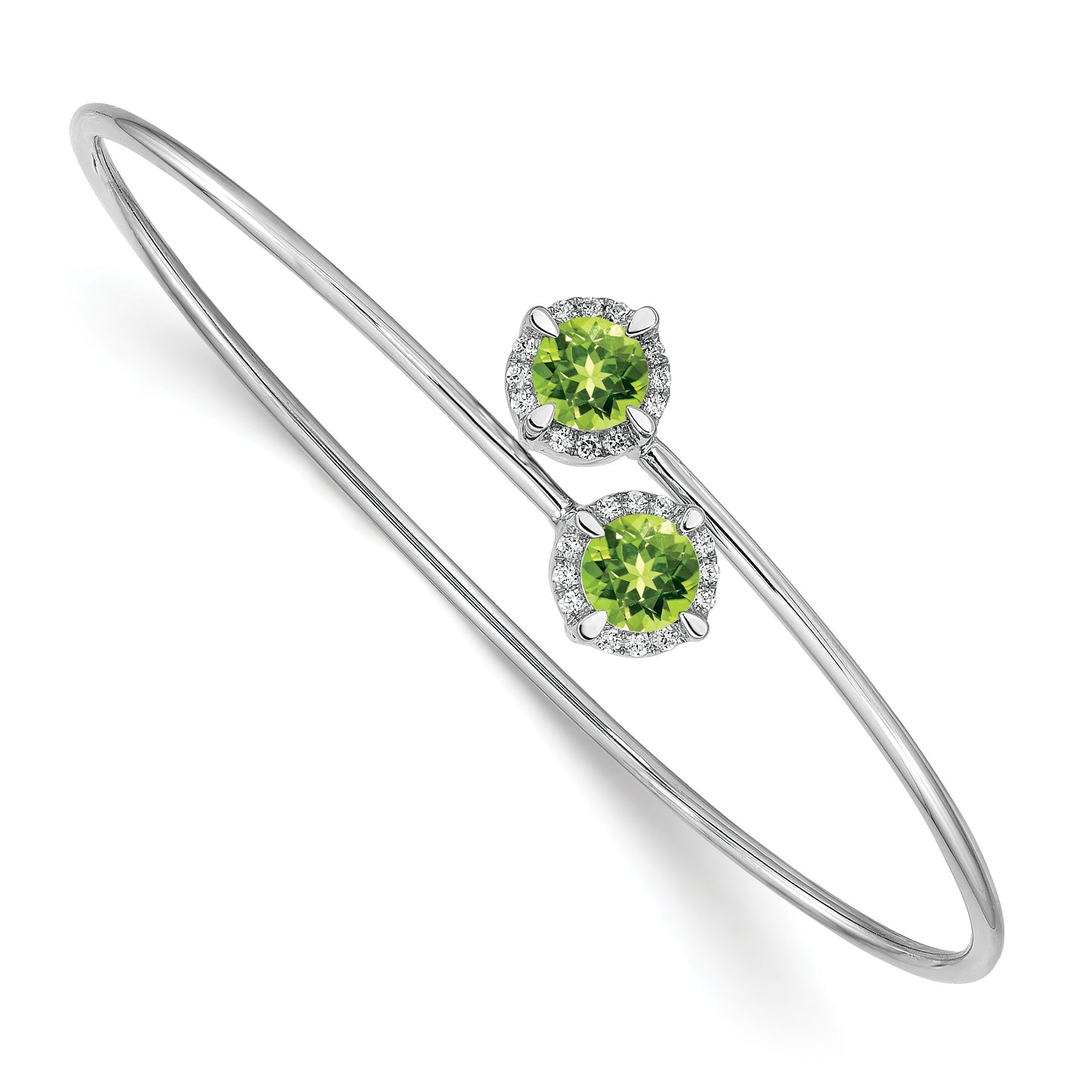 14k White Gold Complete Round Peridot and 1/8 carat Diamond Halo Flexible Bangle Bracelet