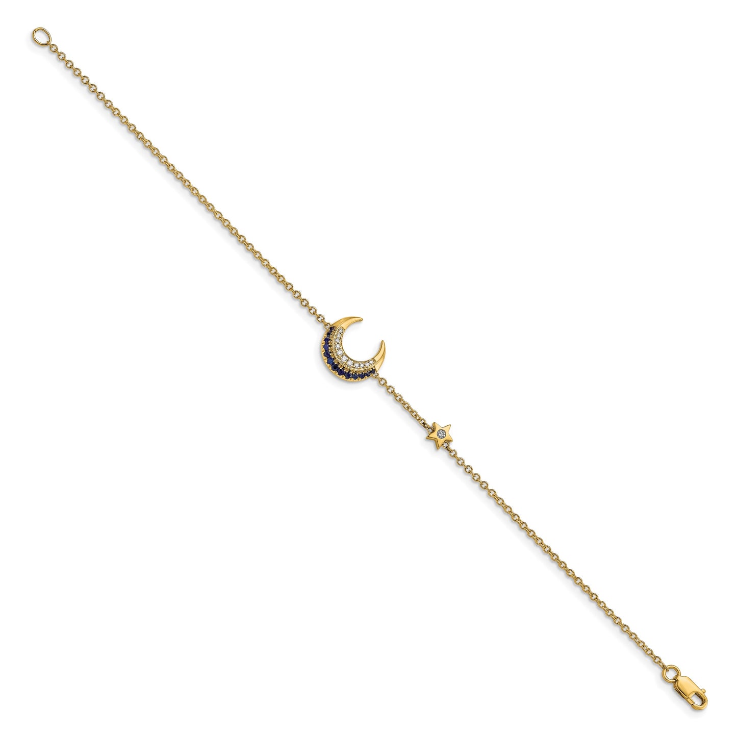 14k Complete Diamond and Sapphire Moon and Star 7in Bracelet