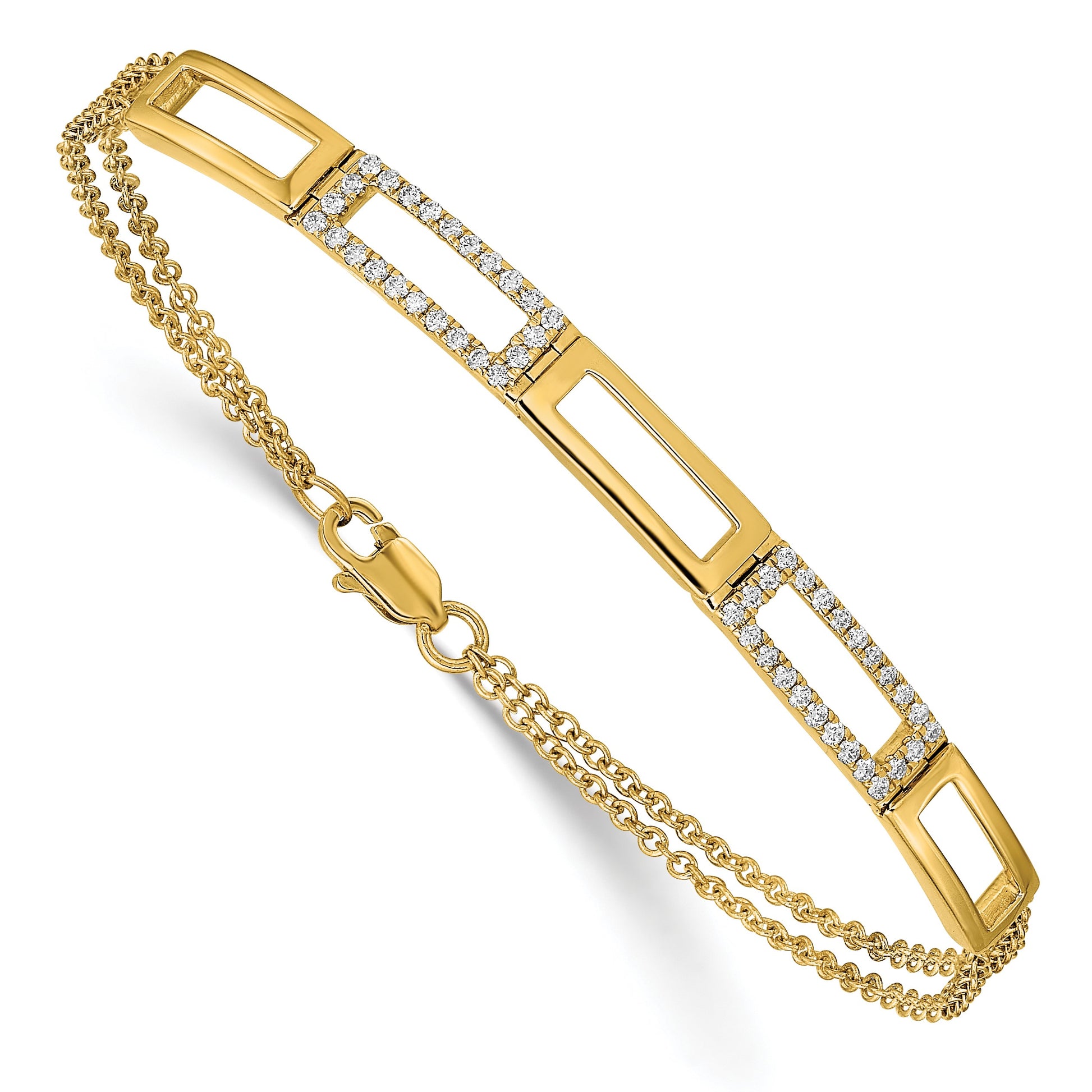 14k Polished Rectangle Link Complete 1/4 carat Diamond Double Strand 7 inch Bracelet
