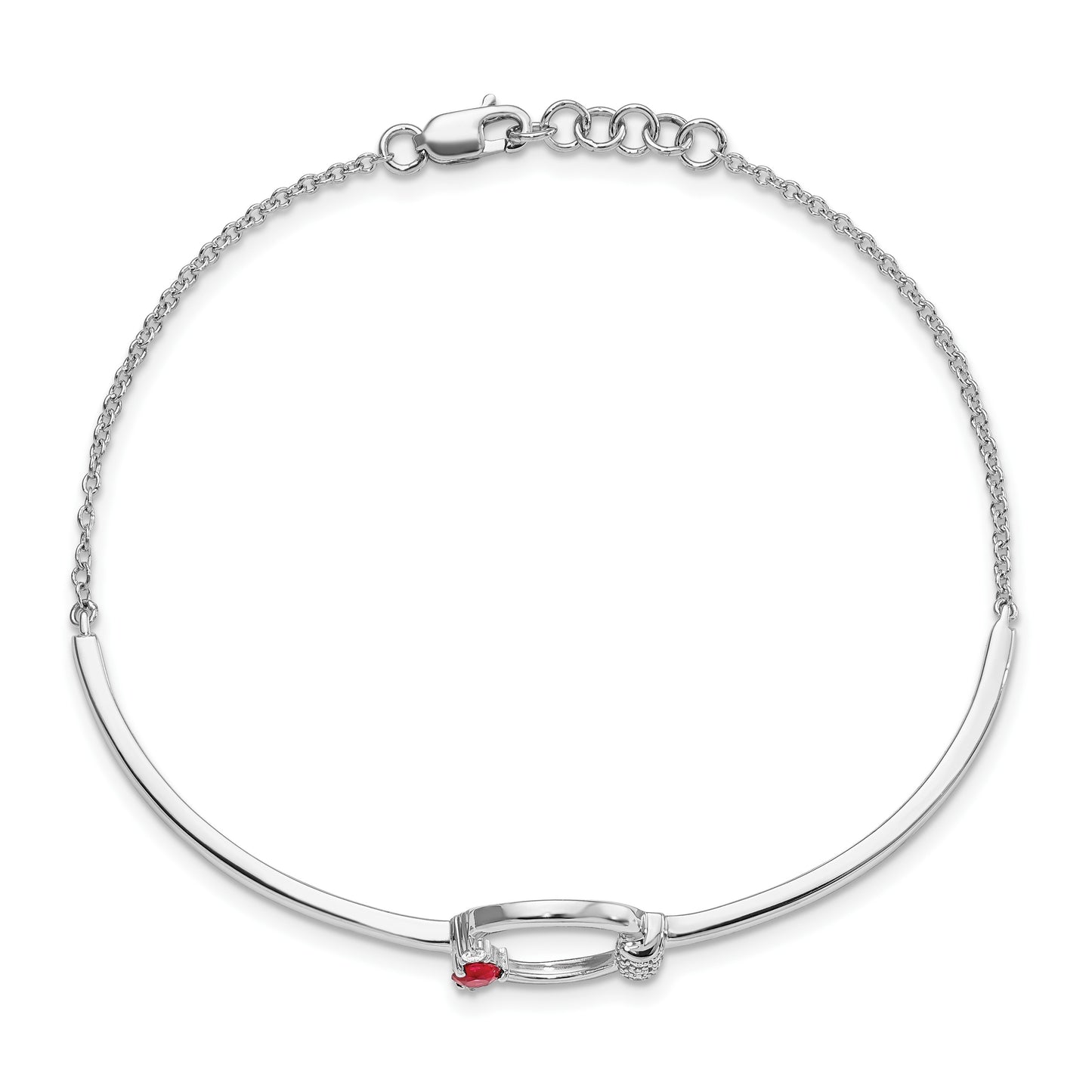 14k White Gold Polished Complete 1/10 carat Diamond and Ruby Circle Half-Bangle 7 inch Bracelet with 0.5 inch Extender