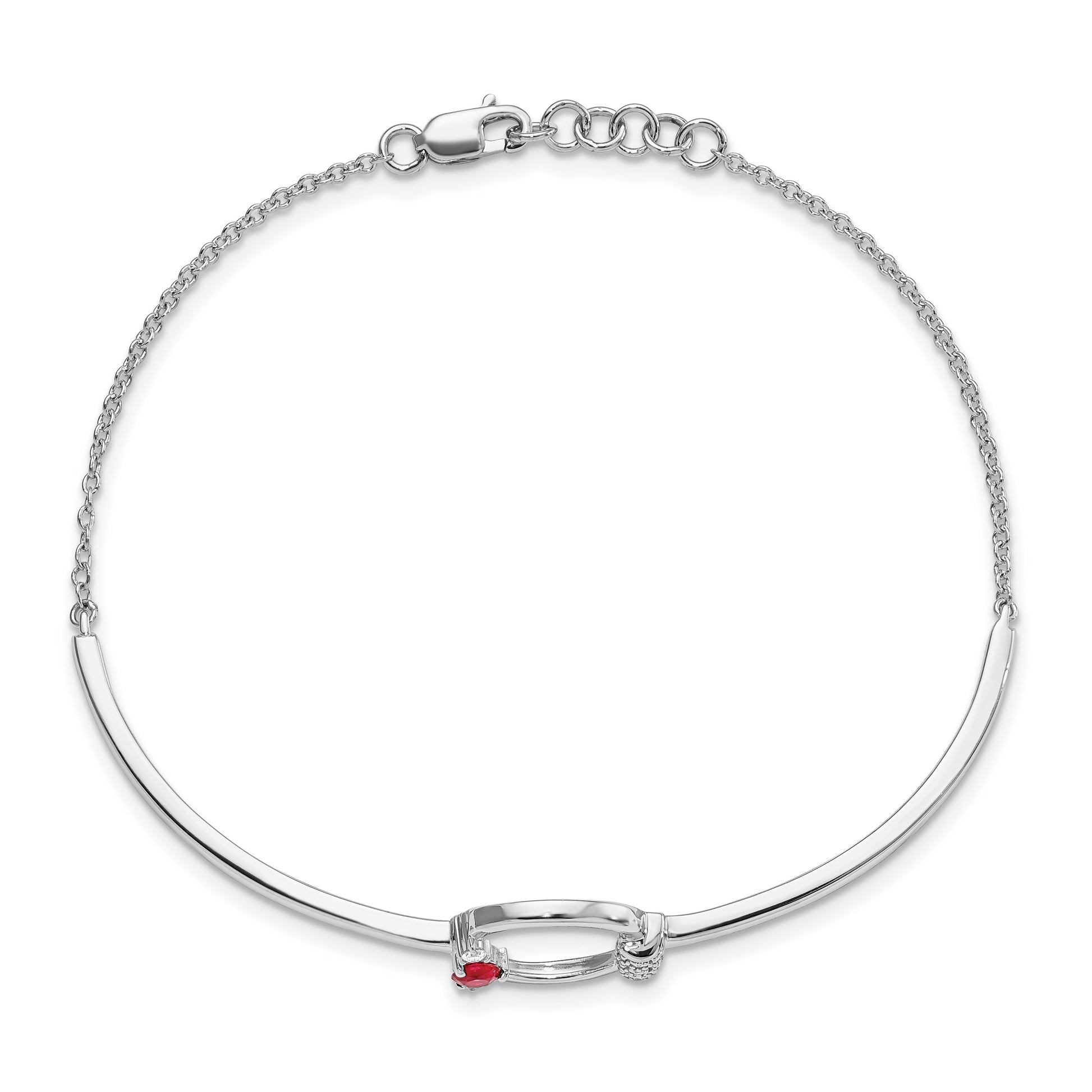 14k White Gold Polished Complete 1/10 carat Diamond and Ruby Circle Half-Bangle 7 inch Bracelet with 0.5 inch Extender