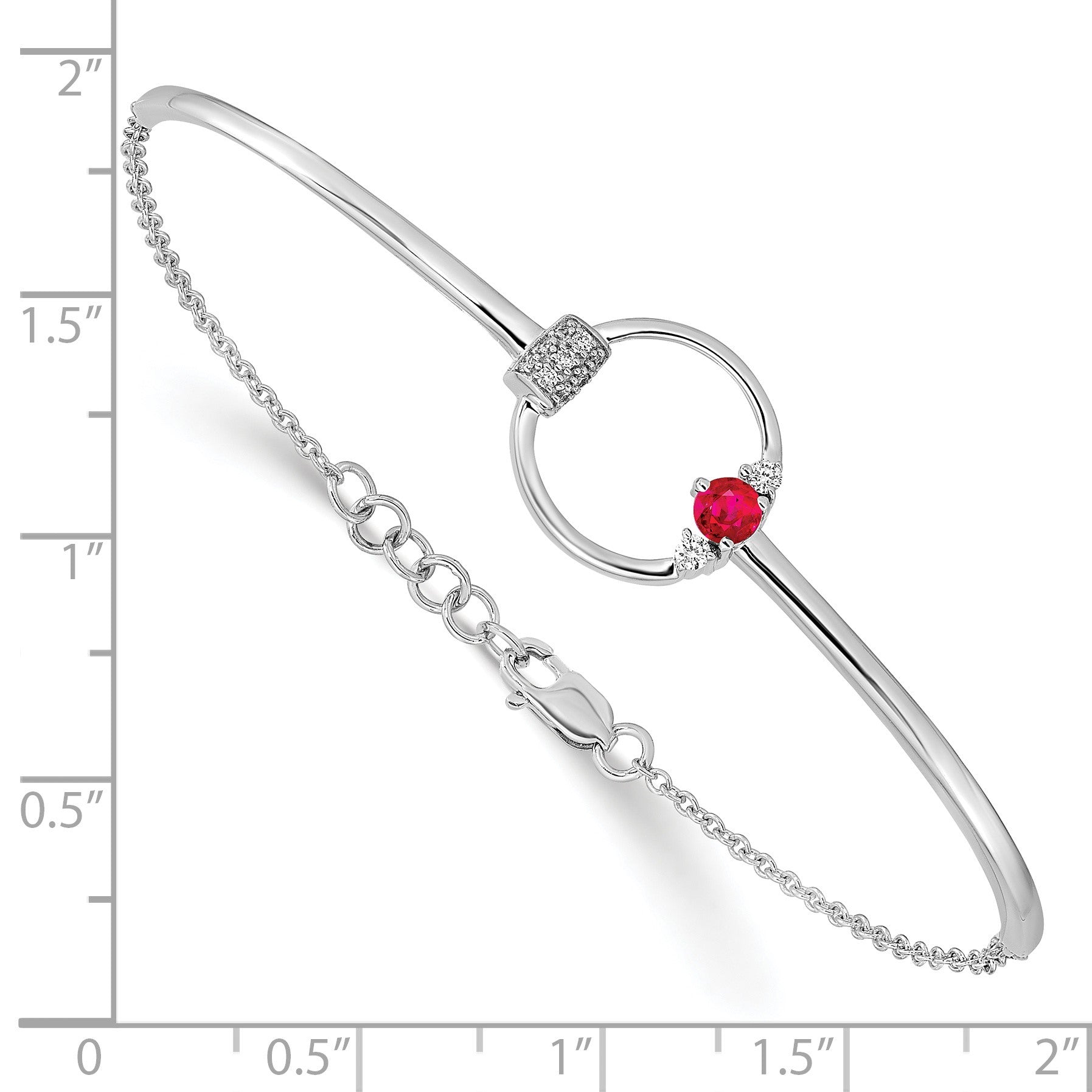 14k White Gold Polished Complete 1/10 carat Diamond and Ruby Circle Half-Bangle 7 inch Bracelet with 0.5 inch Extender
