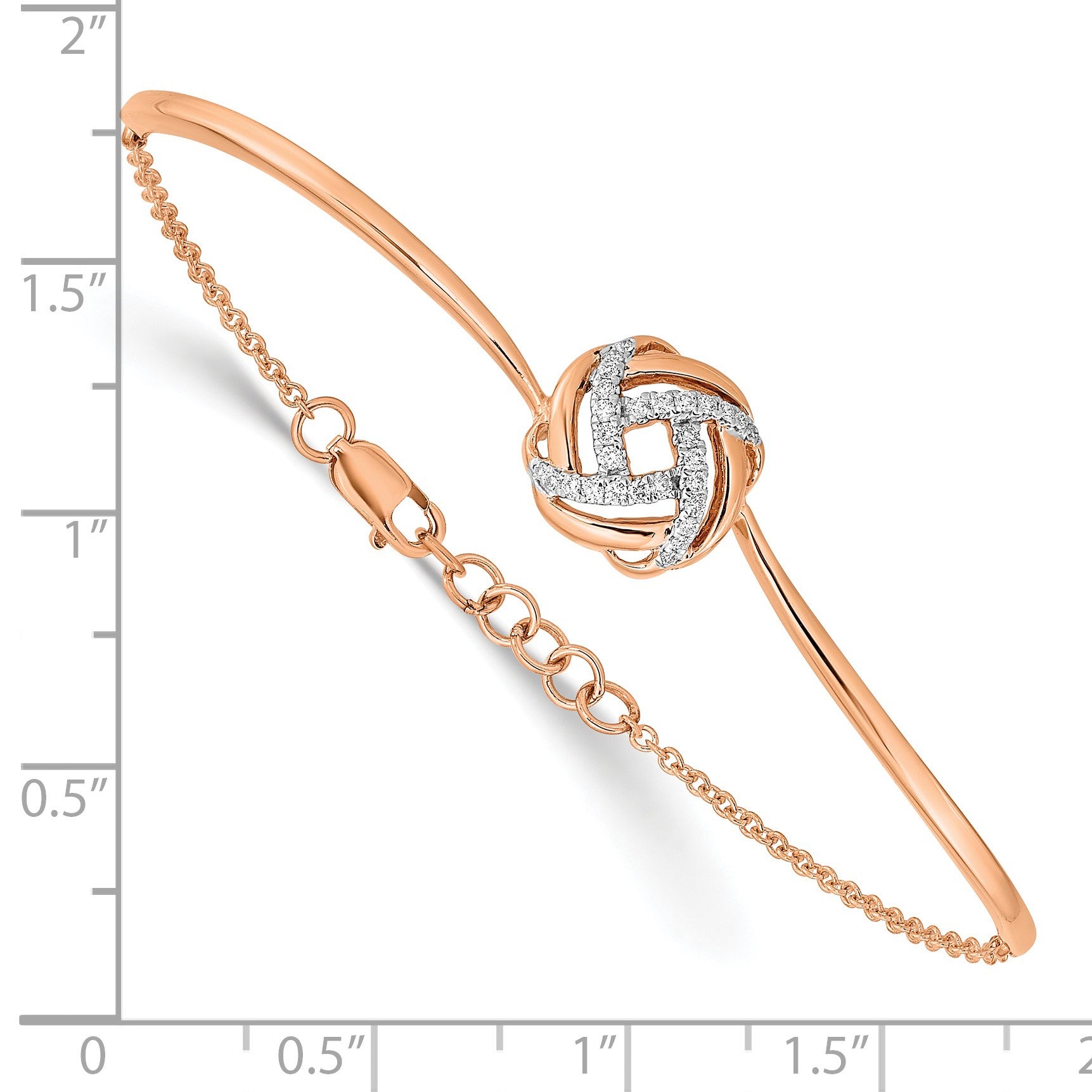14k Rose Gold Polished Complete 1/8 carat Diamond Love Knot Half-Bangle 7 inch Bracelet with 0.5 inch Extender