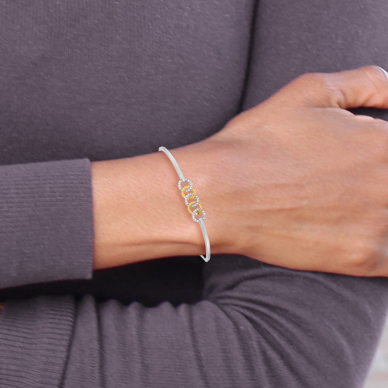 14k Two-tone Polished Complete 1/5 carat Diamond Circles Half-Bangle 7 inch Bracelet with 0.5 inch Extender