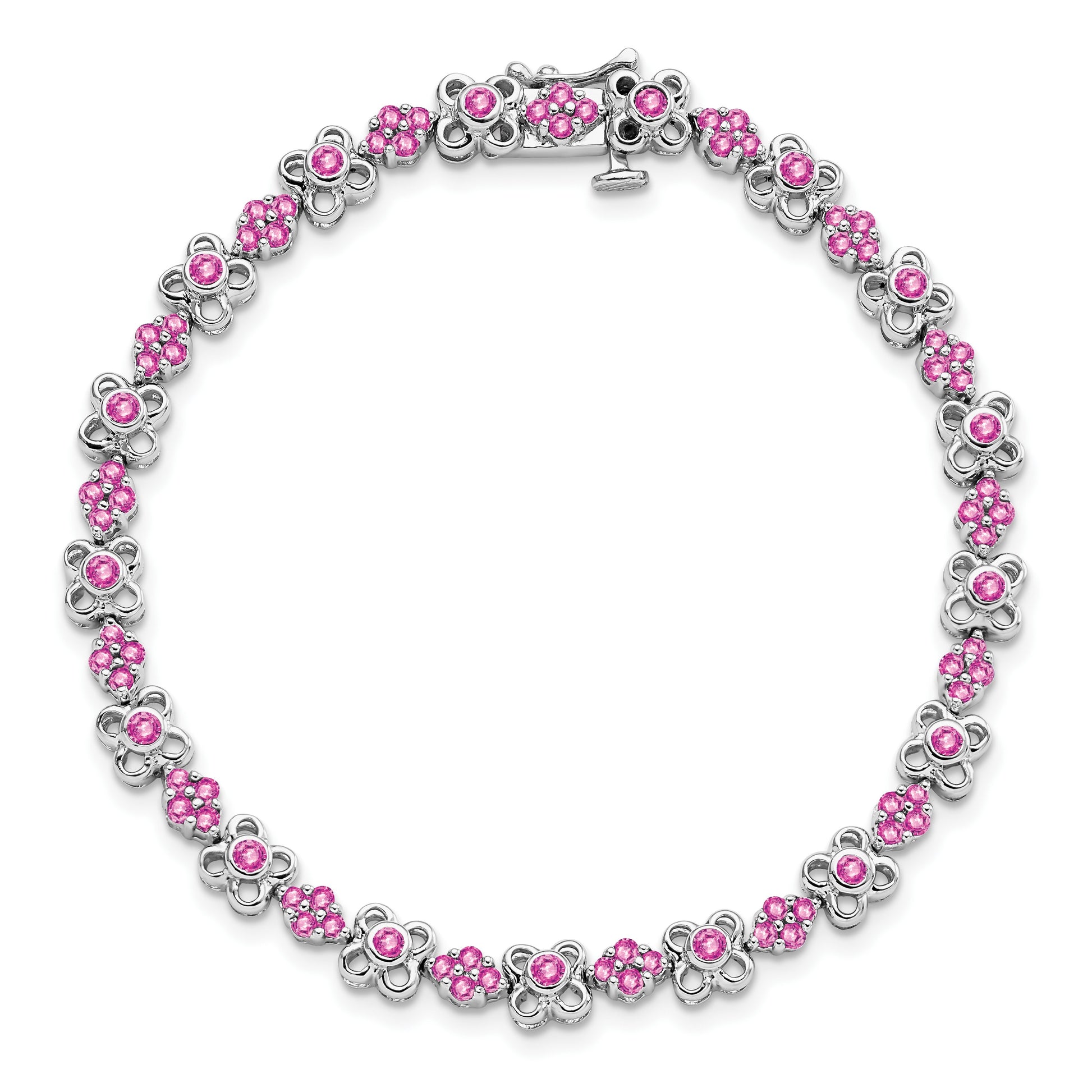 14k White Gold Complete Lab Created Pink Sapphire Flowers 7 inch Bracelet