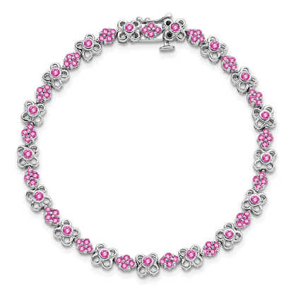 14k White Gold Complete Lab Created Pink Sapphire Flowers 7 inch Bracelet