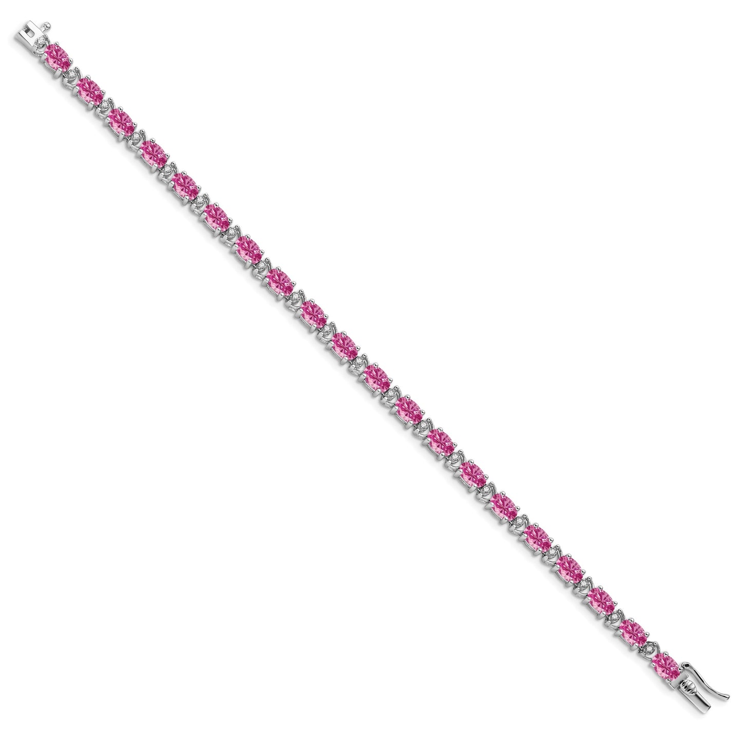 14k White Gold Complete Lab Created Oval Pink Sapphire and Diamond 7 inch Bracelet