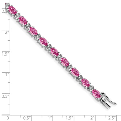 14k White Gold Complete Lab Created Oval Pink Sapphire and Diamond 7 inch Bracelet