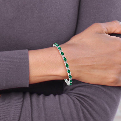 14k White Gold Complete Oval Lab Created Emerald and Diamond 7 inch Bracelet
