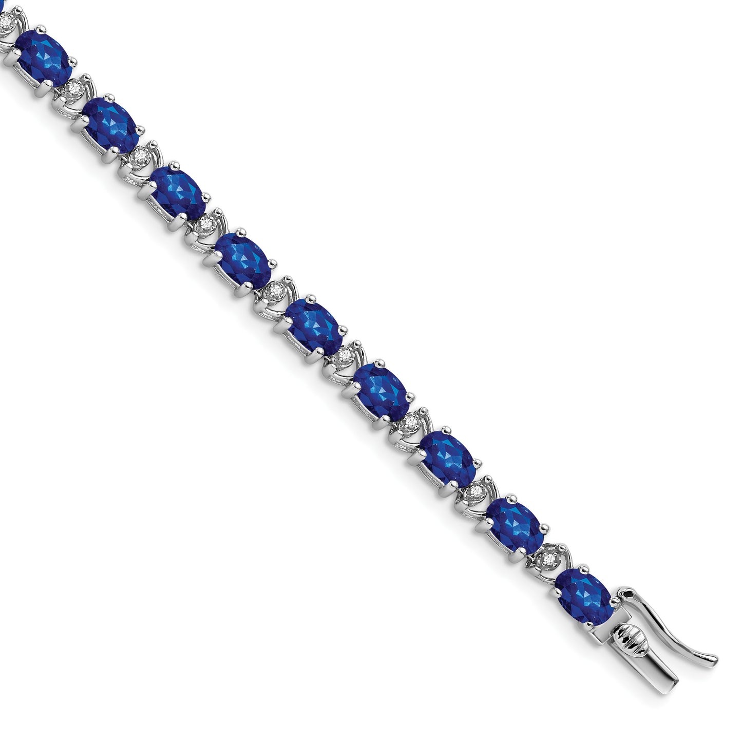 14k White Gold Complete Oval Lab Created Sapphire and Diamond 7 inch Bracelet