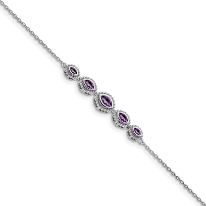 14k White Gold Complete 5-Stone Bezel-set Marquise Amethyst and Chain 7 inch Bracelet